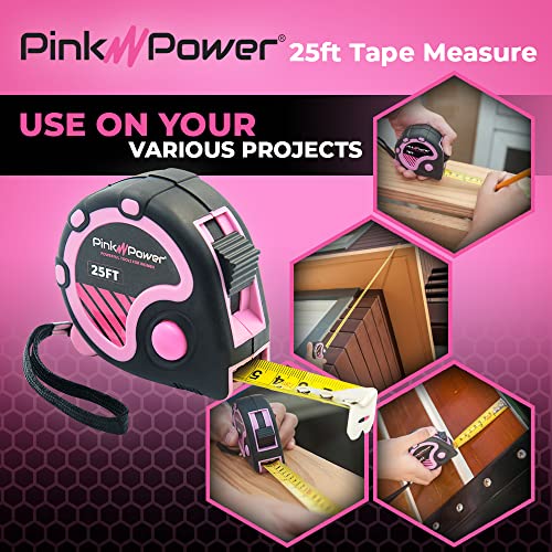 Pink Power 25ft Pink Tape Measure for Women's Tool Kit | Measuring Tape With Retractable Blade and Lock Button, Girls Measuring Kit, Lightweight Measurement, Pink 25 ft. - color: Pink, size: 25 ft