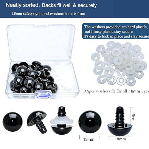 Thalinfayi 18mm Solid-Black Safety Eyes Craft Eyes for Amigurumi Crocheting | 60pcs Plastic Crochet Eyes and Washers for DIY Stuffed Plush Animals & Handmade Crafts ,Gloosy Smooth Surface, Even Color - size: 18mm