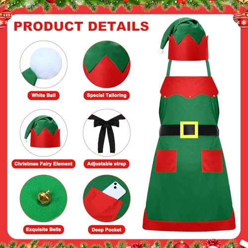 Handepo 12 Sets Christmas Apron and Hat Christmas Elf Costume Kit for Adults Women Cosplay Kitchen Xmas Holiday - color: Green, style: Classic