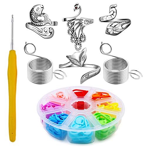 6Pcs Knitting Loop Crochet Loop Knitting Accessories, Metal Thread Guide Finger Holder Knitting Thimbles,Adjustable Braided Open Finger Ring,104Pcs Knitting Stitch Markers and 1 Crochet Hook