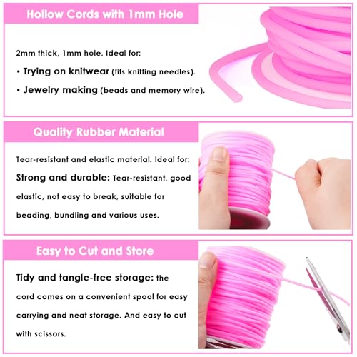 Rubber Tubing Knitting Barber Cords Pink, 54 Yards, 2mm Dia with 1mm Hole | Stitch Keeping Cords for Knitting Projects Hollow Pipe Rubber Tube Cord with 1mm Hole for Jewelry Making - color: Pink
