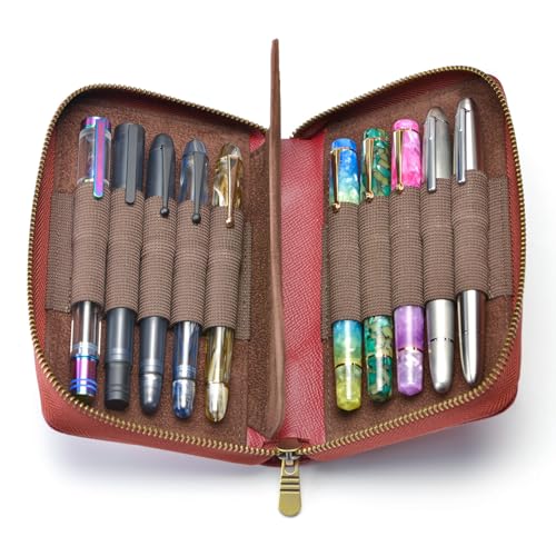 Fountain Pen Leather Pen Case 10 Divided Slots, Rollerball Pen Holder Handmade Display Organizer Zippered Pouch - color: Wine Red
