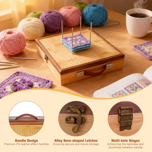OCPO HOME 15" Crochet Blocking Board with Drawer & 20 Pegs, Granny Square Blocking Board Kit, Blocking Boards for Crochet Projects, Ideal Crocheting Gifts for Crocheters - size: 15-inch