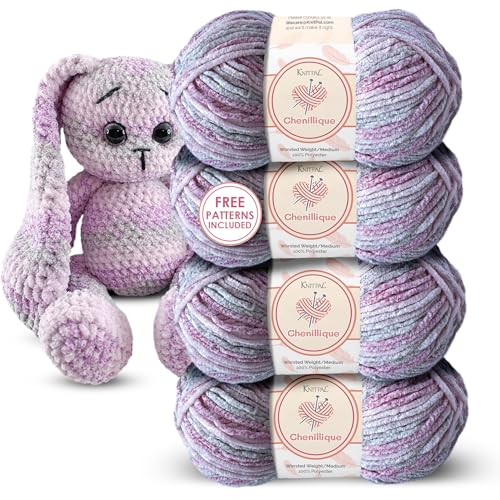 Chenillique #4 Velvet Chenille Yarn, 4-Pack (856Yds/400G), Pink Haze | Medium Worsted Weight Chenille Yarn for Crocheting with Free Patterns - Soft Baby Yarn for Knitting Baby Blanket - color: Pink Haze