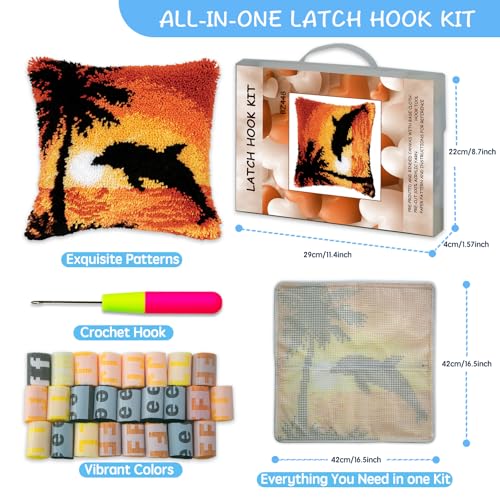 ZFFLYH Sunset Dolphin Latch Hook Pillow Kits for Adults Pre-Printed Cushion | Home Sofa Cushion Cover Preprinted Canvas Crochet Yarn Kits Needlework Crafts Festival Gift for Adults Beginner 17X17 Inch - color: Sunset Dolphin