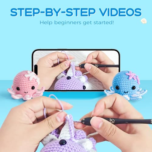 Crochet Kit for Beginners: Make 3 Cute Amigurumi Animals with Easy-to-Follow Video Tutorial, Complete Beginner Crochet Kits for Kids Adults, Creative Christmas Birthday Gift Idea for Women & Girls - color: octopuses Family