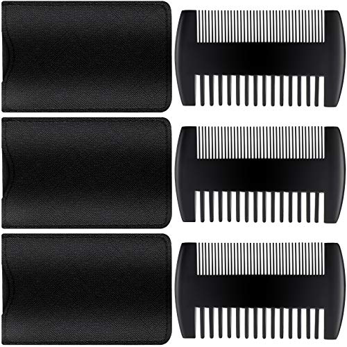 3 Pieces Beard Comb for Men Natural Sandalwood Wooden Mustaches Combs Dual Action Teeth Beard Comb with 3 Pieces Pocket Faux Leather Case for Beards Mustaches(Black) - color: Black