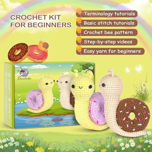 Crochetta Crochet Kit for Beginner, Crochet Starter Kit w Step-by-Step Video Tutorials, Learn to Crochet Kits for Adults & Kids, DIY Knitting Supplies, 2-Pack Snail Couple (40%+ Yarn Content) - color: CrochetSnails