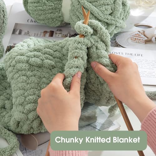 HOMBYS Sage Green Chunky Chenille Yarn for Hand Knitting,Fluffy Soft Jumbo Yarn Crocheting,Super Bulky Big Yarn for Chunky Blanket,Large Thick Arm Knitting Yarn,8 Pack Plush Yarn - color: Sage Green