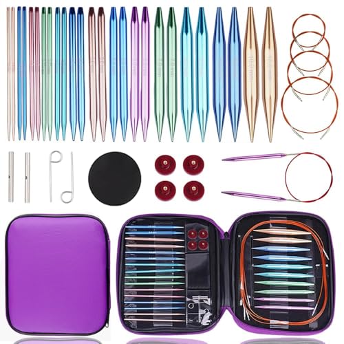 Yarniss 13 Pairs Circular Knitting Needle Set with Cable 3.0~10.0mm | Aluminum Interchangeable Knitting Needles with Case,Round Knitting Needle for Beginner - color: Purple
