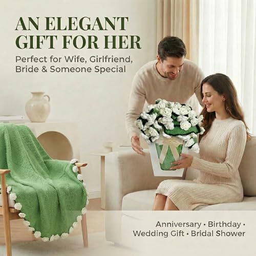 Camellia Crochet Flower Bouquet Blanket, Handmade Knitted Throw Blanket | Christmas, Valentines, Mothers Day, Birthday Unique White Camellia Gifts for Mom Wife Grandma Best Friend Teacher, 43 Inch - color: Camellia, size: Medium