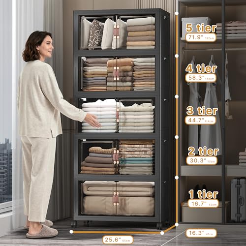 UAMFURI Stackable Storage Bins, 560QT Collapsible Drawers with 1 Lid | Large Capacity, Magnetic Door, Stack Lock, Rolling Wheels, Foldable Design, Organizers and Storage for Bedroom Dorm Garage - color: Dark-112QT, size: 5Pack with 1 top lid