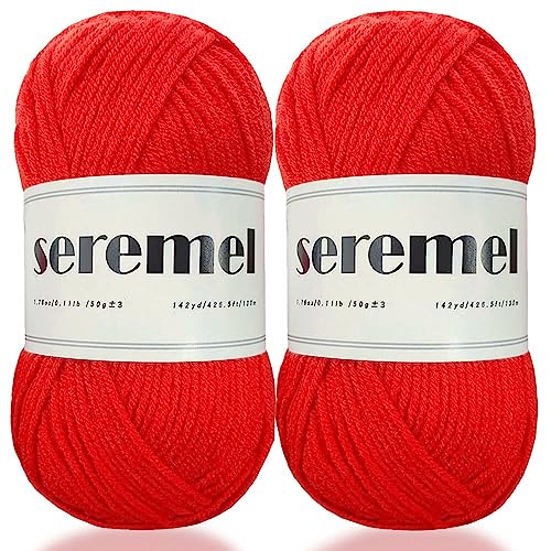 Seremel 4-Ply Acrylic Soft Yarn, 2 Skeins Crochet&Knitting Yarn (Hot Red) | 2Balls 1Pack Total 100g (3.4oz) / 260m (280Yds), Crocheting Medium Yarns, Worsted Beautiful Color for bags, blankets,sweater - color: Hot Red
