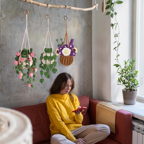 Crochetta Beginner Crochet Kit with Step-by-Step Video Tutorials, Learn to Crochet for Adults & Kids, Knitting Craft Supplies, Hanging Plants Home Decor (40%+ Yarn) - color: 3HaningPlant