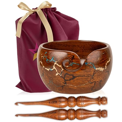 Wooden Yarn Bowl Knitting & Crochet Yarn Holder | Handcrafted Crochet Bowl with Fractal Wood Burning & Blue Resin Inlay (Blue Large 7x7x4) (Multi) - color: Multi