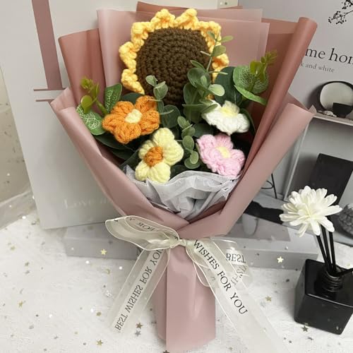 Crochet Flowers Bouquet, Handmade Knitted Bouquet, Crochet Flower Kit Knitted Fake Sunflower Daisy, Gift for Mother Wife on Birthday Anniversary (01Cappuccino Color) - color: 01cappuccino Color