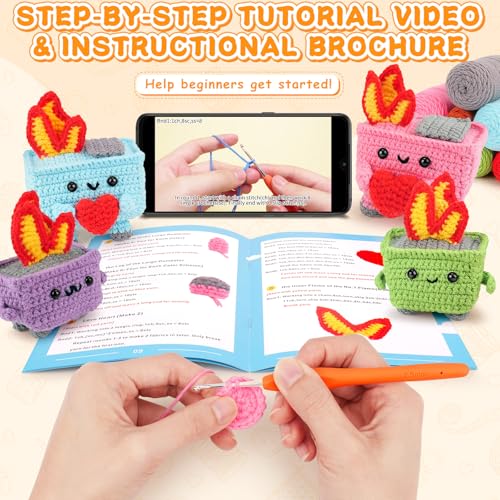 Crochet Kit for Beginners, 4PCS Dumpster Fire Crochet Starter Kit | Emotional Positive Support Beginner Crochet Kits for Adults Kid, w/ Step-by-Step Video Tutorials, Crochet Gifts - color: Blue Pink Purple Green