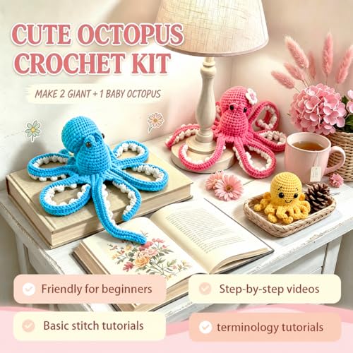 MAGIMUSE Crochet Kit for Beginners, Octopus Family Amigurumi Craft Kit | Includes Step-by-Step Video Tutorials and 40% More Yarn, Ideal for Beginner Crochet Projects.