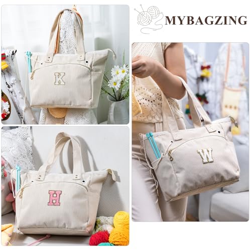Initial Personalized Corduroy Yarn Bag Tote - Yarn Holder & Crochet Organizer for Hooks, Accessories & Projects - size: J