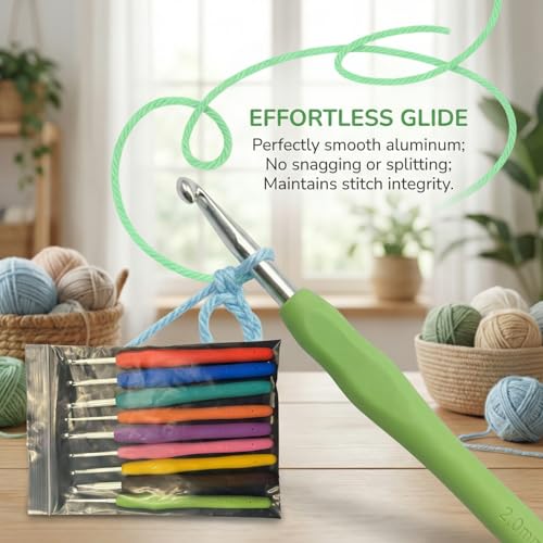 9 Pcs Ergonomic Crochet Hook Set, Soft Comfort Grip Handles, Smooth Knitting Needles for Beginner & Experienced Crocheters, Easy DIY Craft Tools