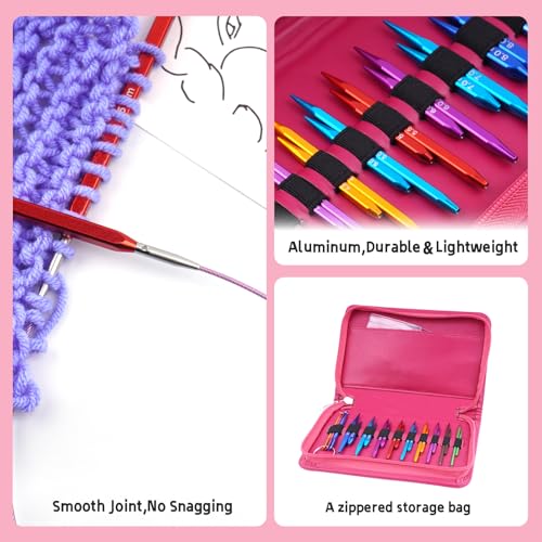 Hobekoee Short Interchangeable Knitting Needles Set | 9 Pairs Square Circular Knitting Needles with Case ,Cubic Metal Knitting Needle,3.5mm-8.0mm - color: Red