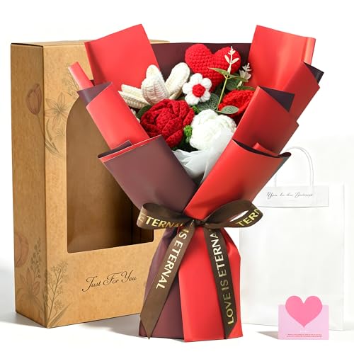 TORONTOKYO Crochet Flower Bouquet, Crochet Flowers Handmade Red Roses Bouquet, Graduation Gifts, Valentine's Day, Wedding, Birthday, Mother's Day (Include Gift Bag & Card) - color: Red