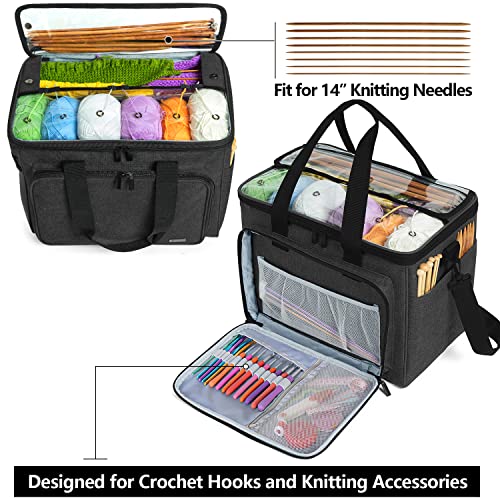 Teamoy Knitting Bag, Yarn Storage Organizer Crochet Bag Tote, Black | Yarn Holder with Inner Divider(Sewn to Bottom) for Crochet Hook, Knitting Needles(Up to 14"), Project and Crocheting Supplies - color: Black