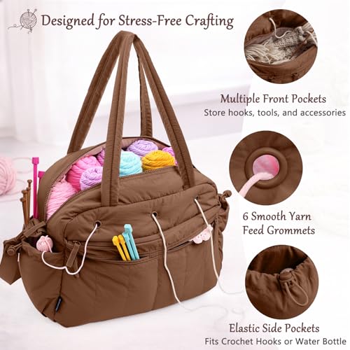 MYBAGZING Stylish Crochet Bag Organizer with Crochet Hook Case, Large Capacity Yarn Bag for Crocheting on the Go, Soft Quilted Crochet Tote with 7 Compartments, Knitting Project Carry-On Travel Gift - color: Brown