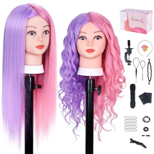 MYSWEETY Mannequin Head with Hair, Doll Head for Hair Styling, 26" Manikin head with 70% Real Human Hair Cosmetology Makeup Hairdressing Training Head with Clamp Holder and Tools - color: Purple & Pink