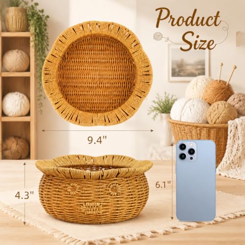 Prygew Rattan Yarn Bowl, 8 Yarn Balls Set Included | Handmade Large Crochet Bowl, Knitting Wool Ball Holder for Crochet Accessories, Gadgets Supplies, 9.4"D x 4.3"H