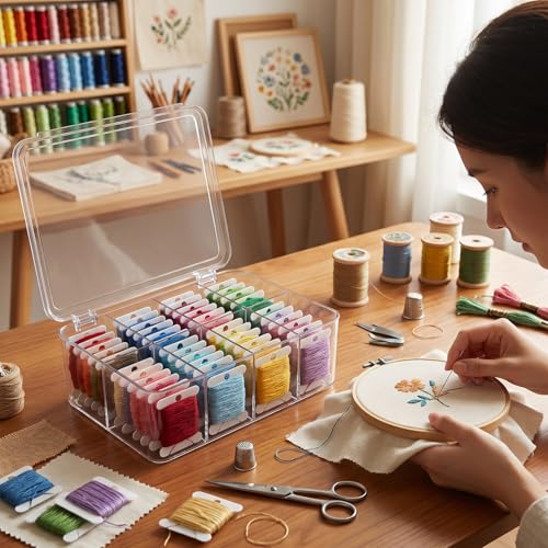 Embroidery Floss Organizer, 8 Compartments Acrylic Clear Thread Storage Box with Floss Winder, Includes 100 Plastic Bobbins for Cross Stitch Needlepoint Craft
