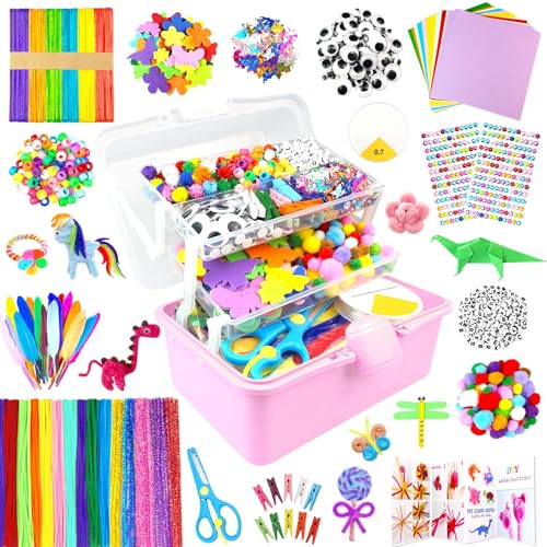 ZEIZHUBN Arts and Crafts Supplies for Kids Crafts Kit with Pipe Cleaners DIY Crafts for Kids Art School Supplies Materials All in Crafting Box Craft Supply Set Gifts for Kid Girls Boys Age 4-8, 8-12 - color: Pink