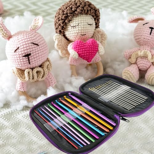 23 PCS Crochet Hooks Set Ergonomic Aluminum Handles Steel Tips Yarn Needles Crochet Accessories with Storage Case(Purple) - color: Purple