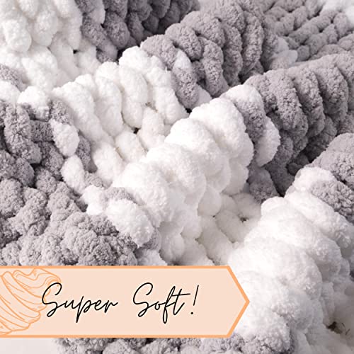Chunky Knit Blanket Throw | 100% Hand Knit with Jumbo Chenille Yarn (50"x60", Gray and White Stripes) - color: Gray and White Stripes, size: 50"x60"