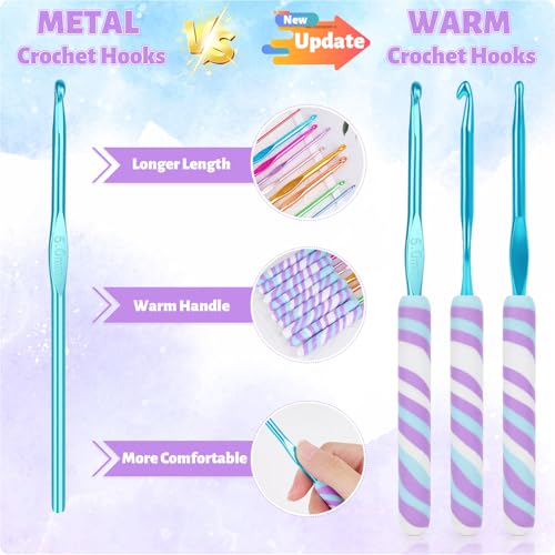Coopay Warm Crochet Hooks Comfort Grip Longer Aluminum Crochet Hook Set | 9pcs 2.0mm-6.0mm(B-J) Smooth Crochets Needles Set for Crocheting, Short Purple Ripple Handle for Beginners & Arthritic Gifts - color: Short Purple Ripple