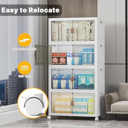 UAMFURI Stackable Storage Bins with Lid, 208QT Plastic Cabinet with Wheels | Large Capacity, Magnetic Door, Stack Lock, Rolling Wheels, Foldable Design, Organizers and Storage for Bedroom Dorm Garage - color: White-52qt, size: 4Pack with 1 top lid