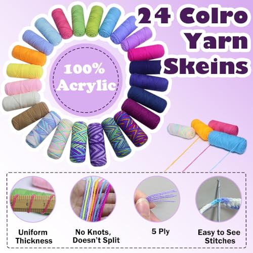 Lewhoo Crochet Kits for Beginner, 25g×24 Yarn Bundles | 1312 Yards Acrylic Yarn Kit for Knitting and Crocheting with Accessories - color: multicolored 1