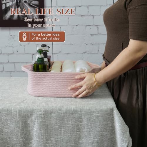 XUANGUO Medium Woven Cotton Rope Storage Basket with Handles, Light Pink | Small decorative rectangle storage bin for baby nursery items and cat toys; ideal as an empty gift basket or dog toy basket - color: Light pink