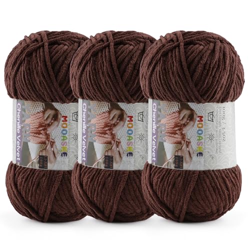 Mooaske Chenille Yarn for Crocheting, 300g/393yds Fluffy Baby Blanket Yarn | Soft plush thick chenille yarn for crocheting. 300g/393yd total. Ideal for baby blankets, amigurumi, scarves & home decor. - color: Dark Coffee