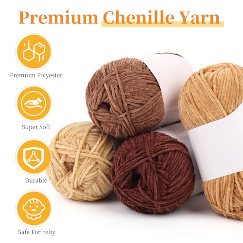 Coopay Thin Chenille Yarn for Crocheting & Knitting, Brown Gradient | Crochet Yarn Set - 600g Total, Velvet Yarn for Colorful Crafts, Blankets, Plush Dolls, Decorative Handmade Works - color: Brown Tones, size: #2 Thin