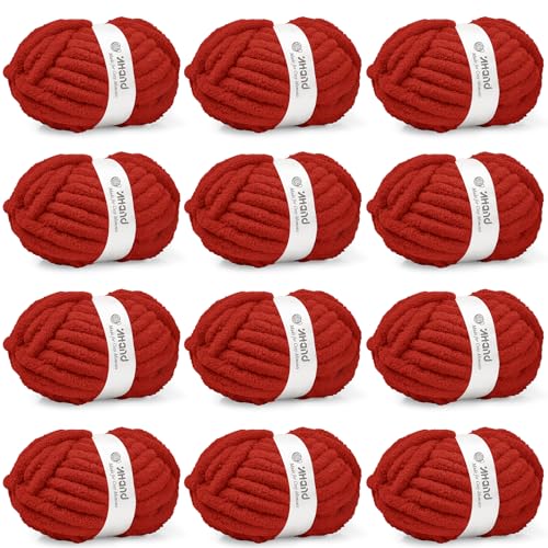 Inhand Classic Red Chunky Chenille Yarn for Hand Knitting,Thick Bulky Mom Blanket Yarn for Crocheting,Soft Fluffy Yarn for Mother’s Day Gifts and Crafts for Women/Grandma,12 Pack (29.5Yds/8.4oz Each) - color: Classic Red, size: 12 Pack