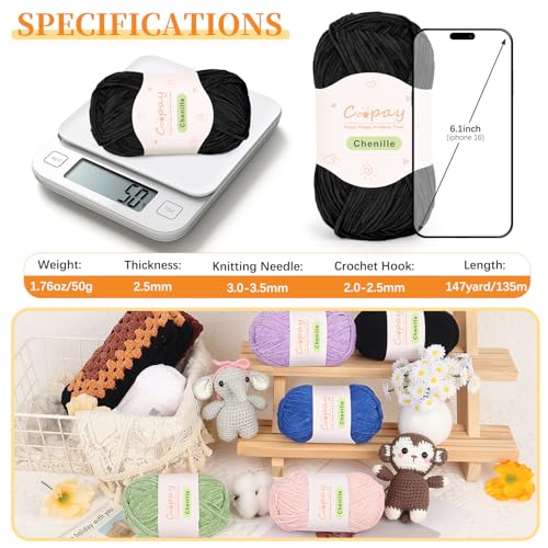 Coopay Skinny Chenille Yarn, Soft Yarn for Crochet & Knitting, Black | Crochet Yarn Set - 600g Total, Soft Velvet Yarn for Colorful Crafts, Blankets, Plush Dolls, Decorative Handmade Works - color: Black, size: #2 Thin