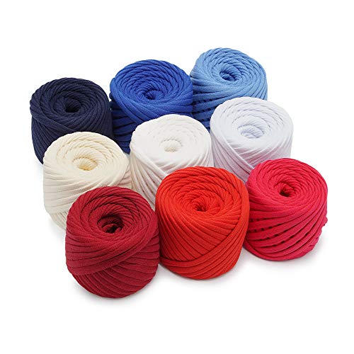 Bobilon 7-9 mm Cotton Yarn Set - 9 Balls, Knitting, Macrame - American Set | 9 balls of 100% cotton t shirt yarn, 196 yds total, 7-9 mm; matching colors for crochet, knitting and macrame - color: American 1