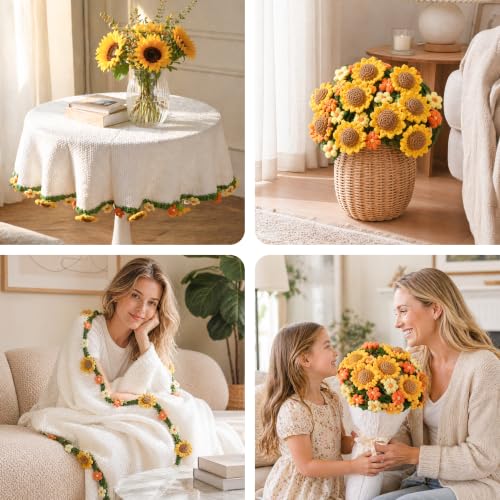 Ivydale 43inch Sunflowers Crochet Blanket Knitted Flower Bouquet Throw | Handmade Knitted Blanket, Gift for Her Girlfriend Mom Mother’s Day Valentine Wedding Anniversary Birthday - color: Yellow Sunflower