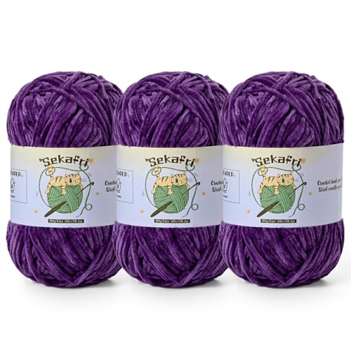 3 Pack of 300g (590yds) Fuzzy Chenille Yarn for Crocheting,Fluffy Amigurumi Crochet Yarn for DIY Craft/Hat/Clothes, Soft Velvet Baby Blanket Yarns（3 Violet） - color: 3 Violet