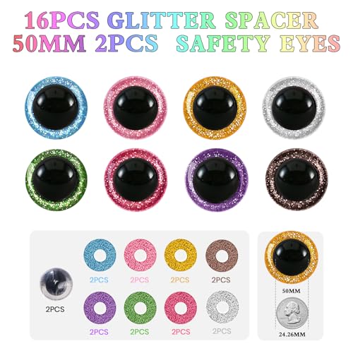 MUCUNNIA 2pcs 50mm Safety Eyes for Amigurumi Glitter Plastic Safety Eyes for Crochet with Washers Craft Crochet Eyes Doll Eyes for Crochet Animals Plush Stuffed Animals DIY Christmas Decorations - size: 50mm