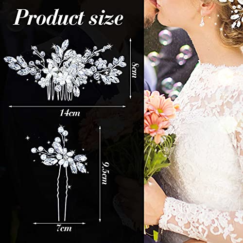 5 Pieces Silver Bridal Hair Comb Crystal Pearl Accents Flower Pins | Rhinestone Accessories for Wedding Updo, Floral Design Ideal Bride Bridesmaids, U-pin Secure Bun Hairstyles Special Occasions - color: Silver