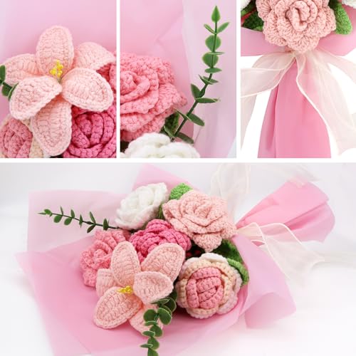 Marvogo Handmade Crochet Flower Bouquet,Crochet Flowers for Loved Ones | Crochet Flower,Crochet Rose, Bell Orchid, Tulip, Finished Artificial Flower Ideal for Lovers, Family and Friends pink - color: Pink
