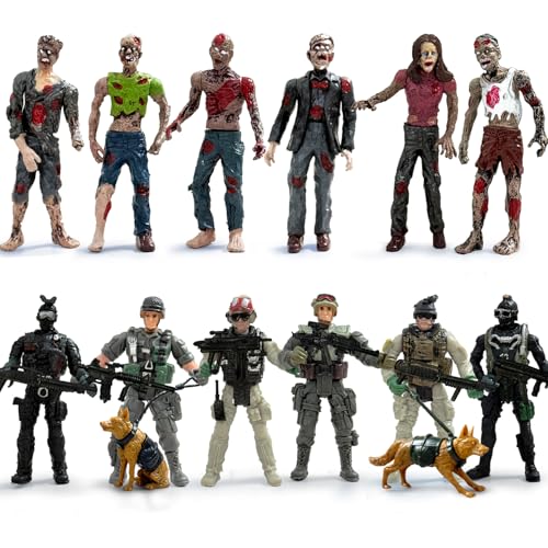 Army Men Action Figures VS Zombie Toys Action Figure Playset (20 Pcs) | Including 6 Detachable Army Men 6 Weapons 6 Zombie Figures 2 Military Dog Birthday Halloween Xmas Gift for Boys Kids - color: Gray