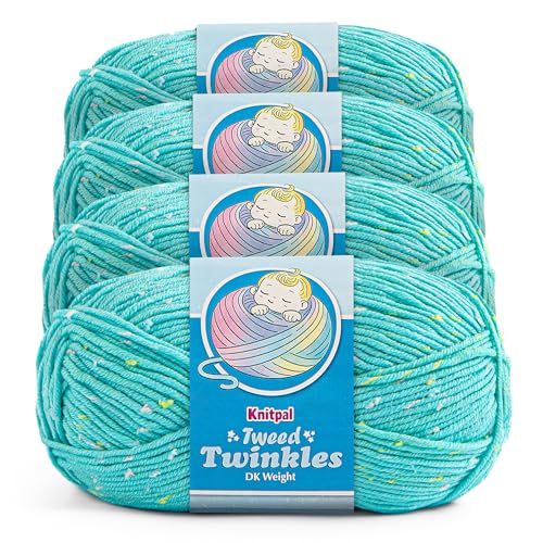 Tweed Twinkles Soft Baby Yarn DK Acrylic, 4-Pack (696Yds/400G), Mint Blue | Acrylic Baby Blanket Knitting Yarn with Free Patterns - Size 3 DK Light Worsted Weight Yarn for Crocheting with Flecks - color: Mint Blue, size: Pack of 4